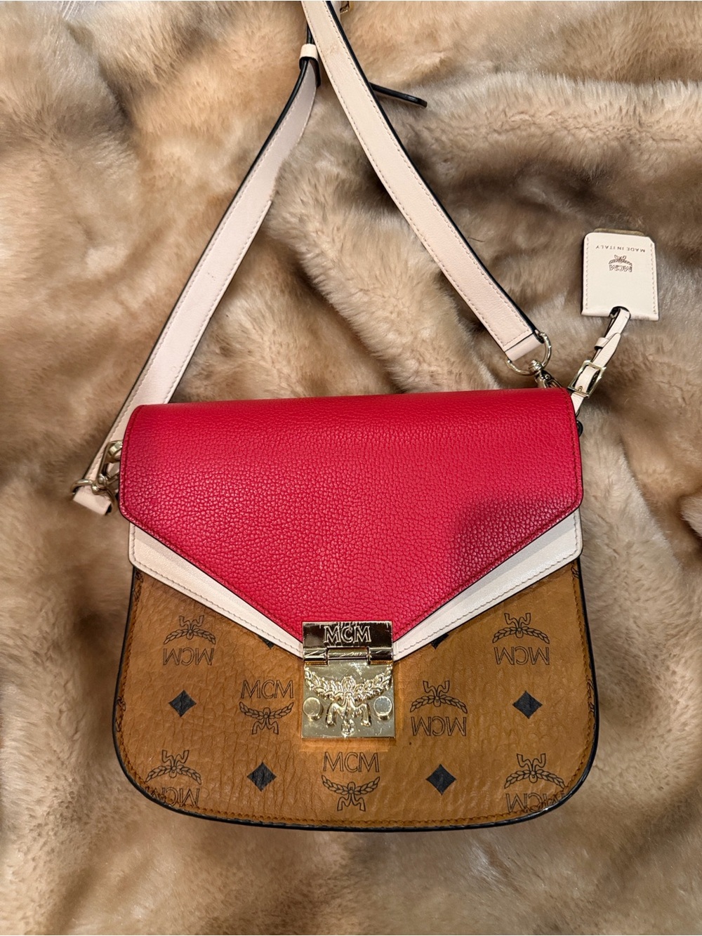 MCM Colorblock Leather & Monogram Patricia Crossbody in Red, Brown & Cream